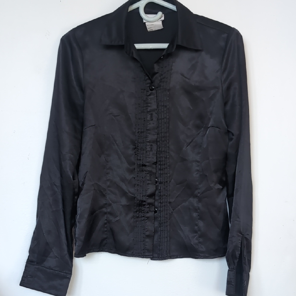 Classic Black Satin Button-Front Blouse